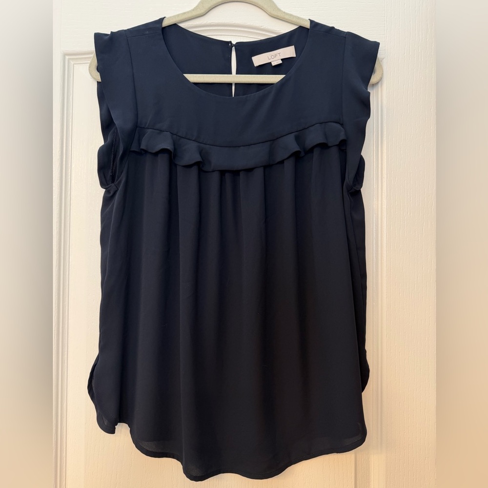 LOFT Navy Ruffle-Trim Blouse | Flowy Work Blouse | Size M